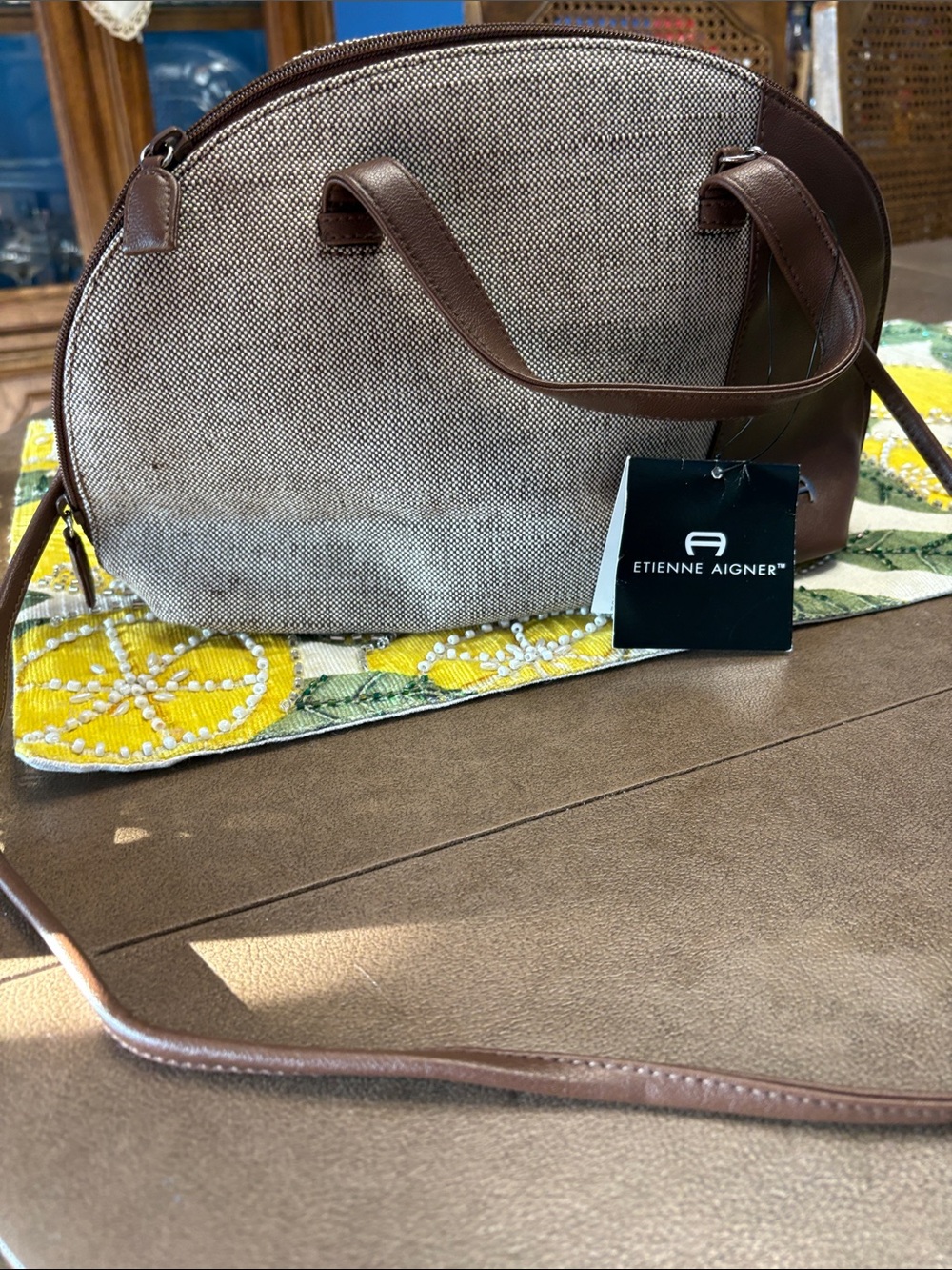 Etienne Aigner Beige Canvas and Brown Leather Dome Crossbody